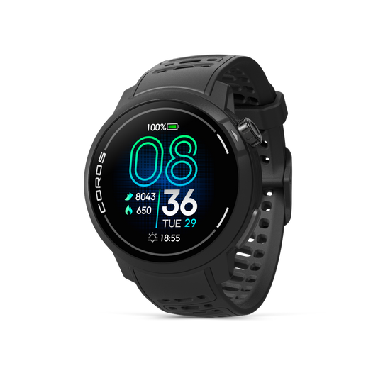 Front view of the PACE Pro Black watch facing slightly left with the Black silicone band.