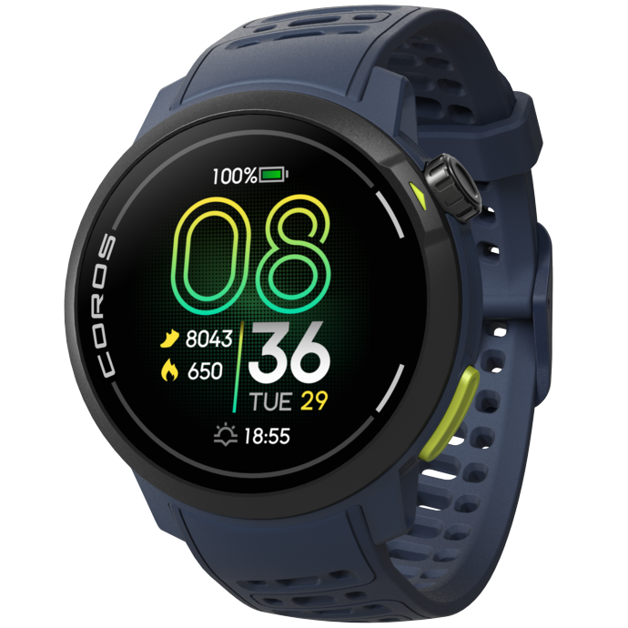 Front view of the PACE Pro Blue watch facing slightly left with the Blue silicone band.