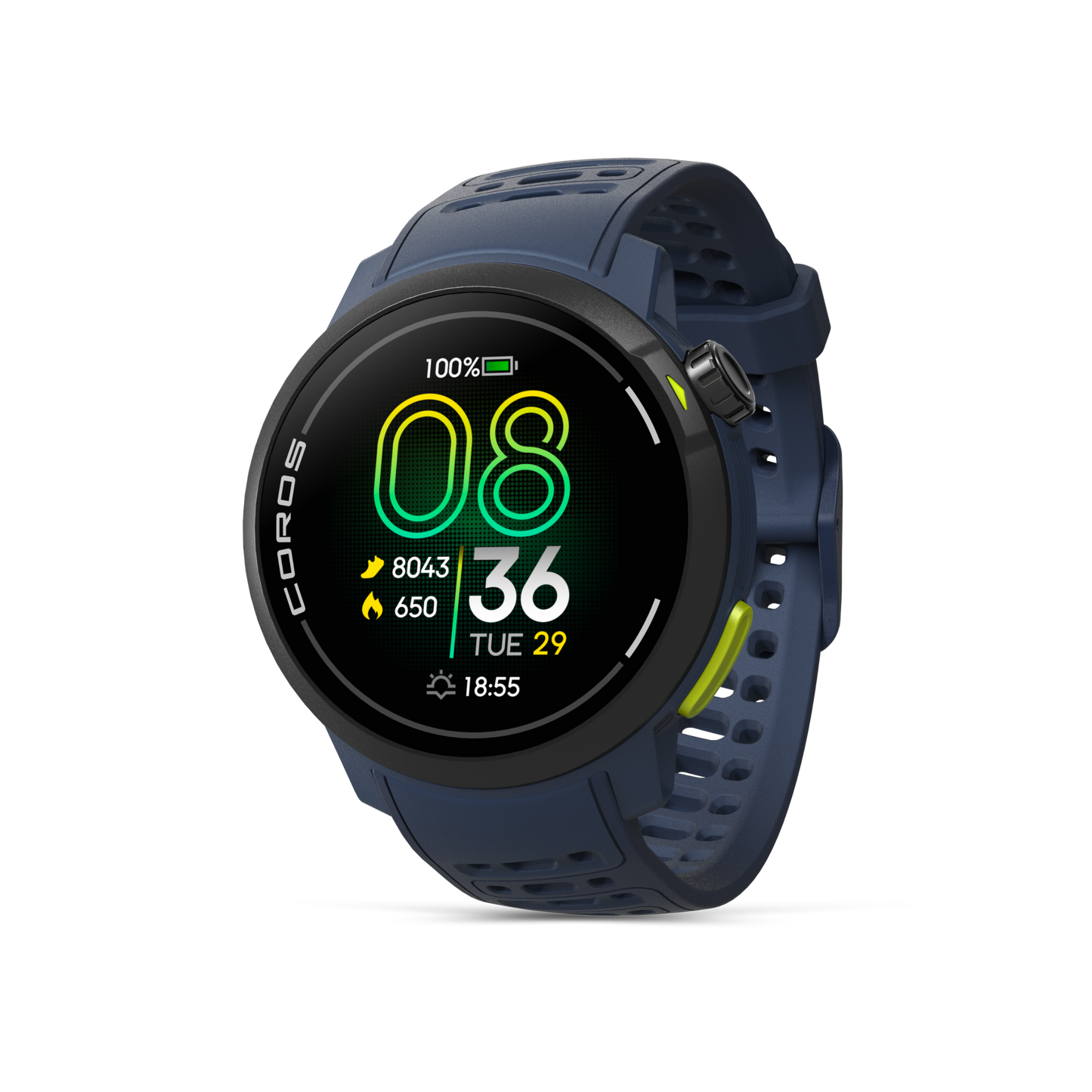 Front view of the PACE Pro Blue watch facing slightly left with the Blue silicone band.