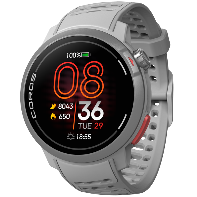 Front view of the PACE Pro Grey watch facing slightly left with the Grey silicone band.