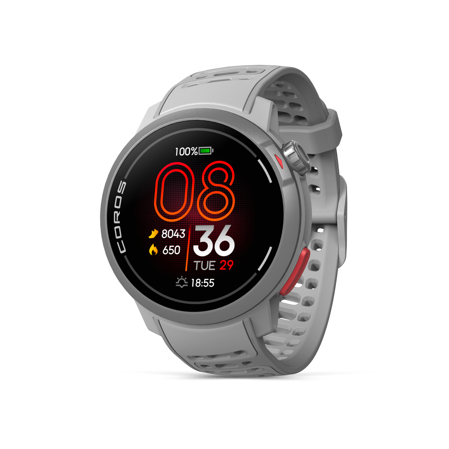 Front view of the PACE Pro Grey watch facing slightly left with the Grey silicone band.