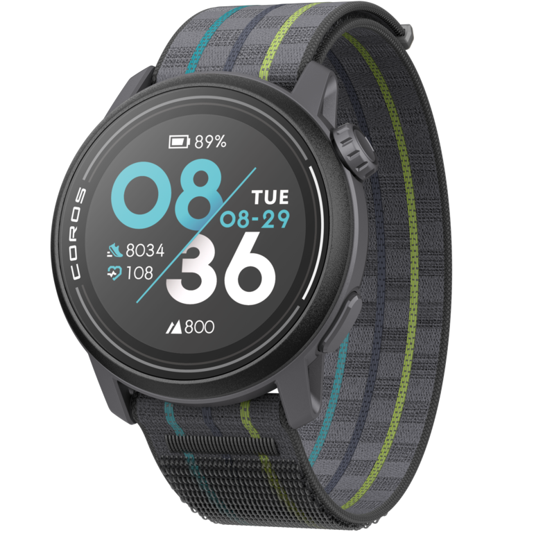 Front view of the PACE 3 Black watch facing slightly left with the Black Nylon band.