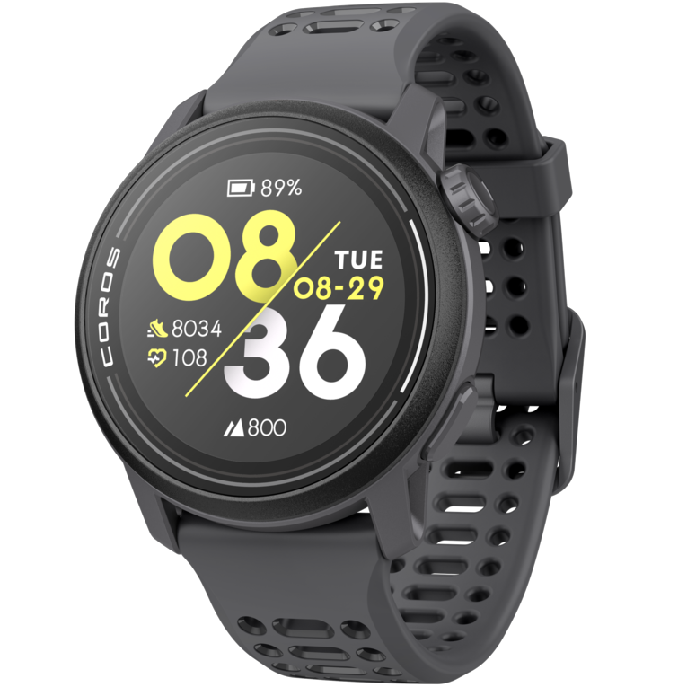 Front view of the PACE 3 Black watch facing slightly left with the Black Silicone band.