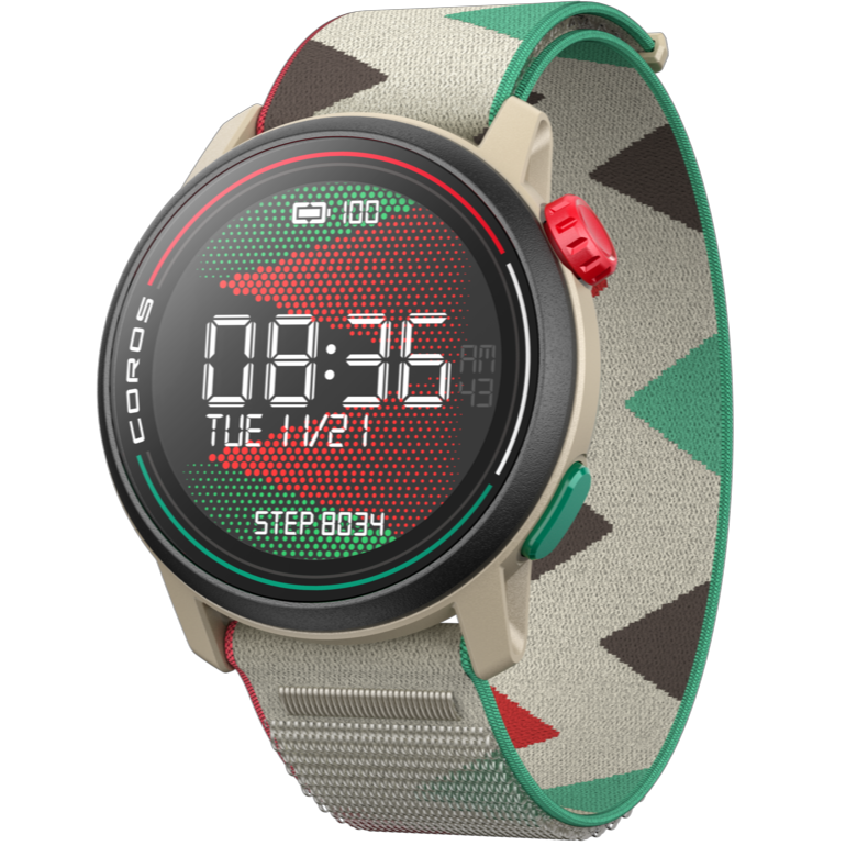 Front view of the PACE 3 GPS Sport Watch Eliud Kipchoge Edition watch facing slightly left with the EK nylon band.