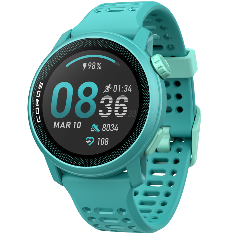 Front view of the PACE 3 Emerald watch facing slightly left with the Emerald Silicone band.