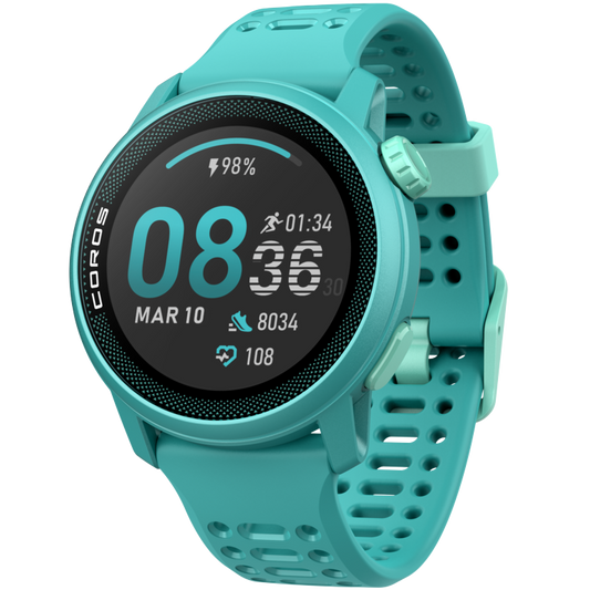 Front view of the PACE 3 Emerald watch facing slightly left with the Emerald Silicone band.