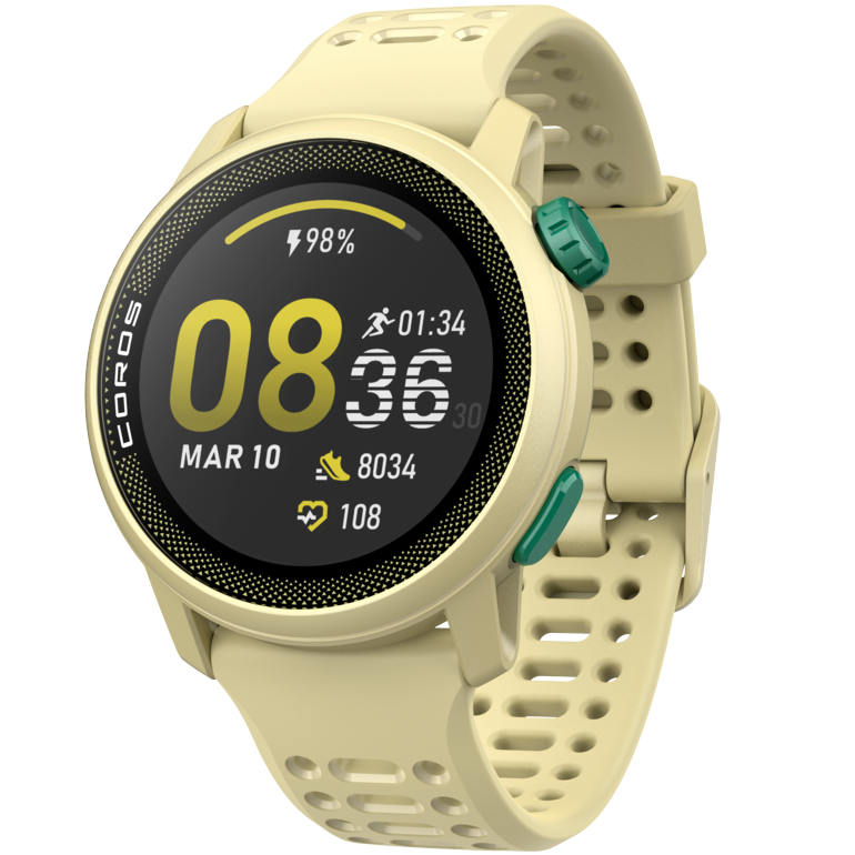 Front view of the PACE 3 Mist watch facing slightly left with the Mist Silicone band.