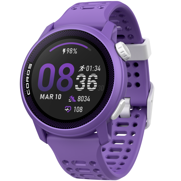 Front view of the PACE 3 Violet watch facing slightly left with the Violet Silicone band.