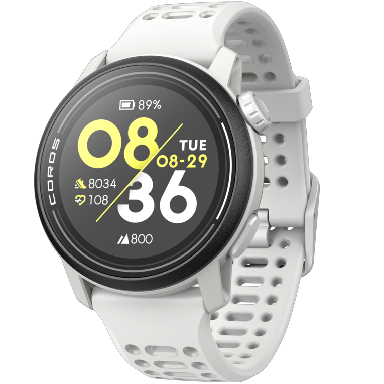 Front view of the PACE 3 White watch facing slightly left with the White Silicone band.