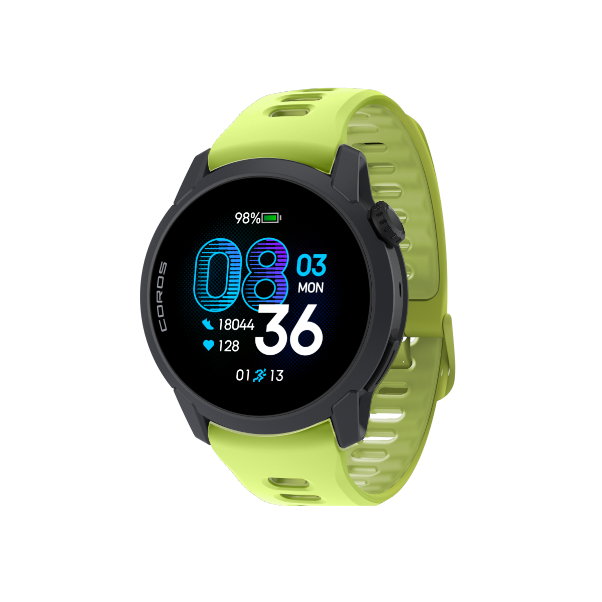 Front three-quarter view of COROS PACE 4 custom combination black neonyellow silicone