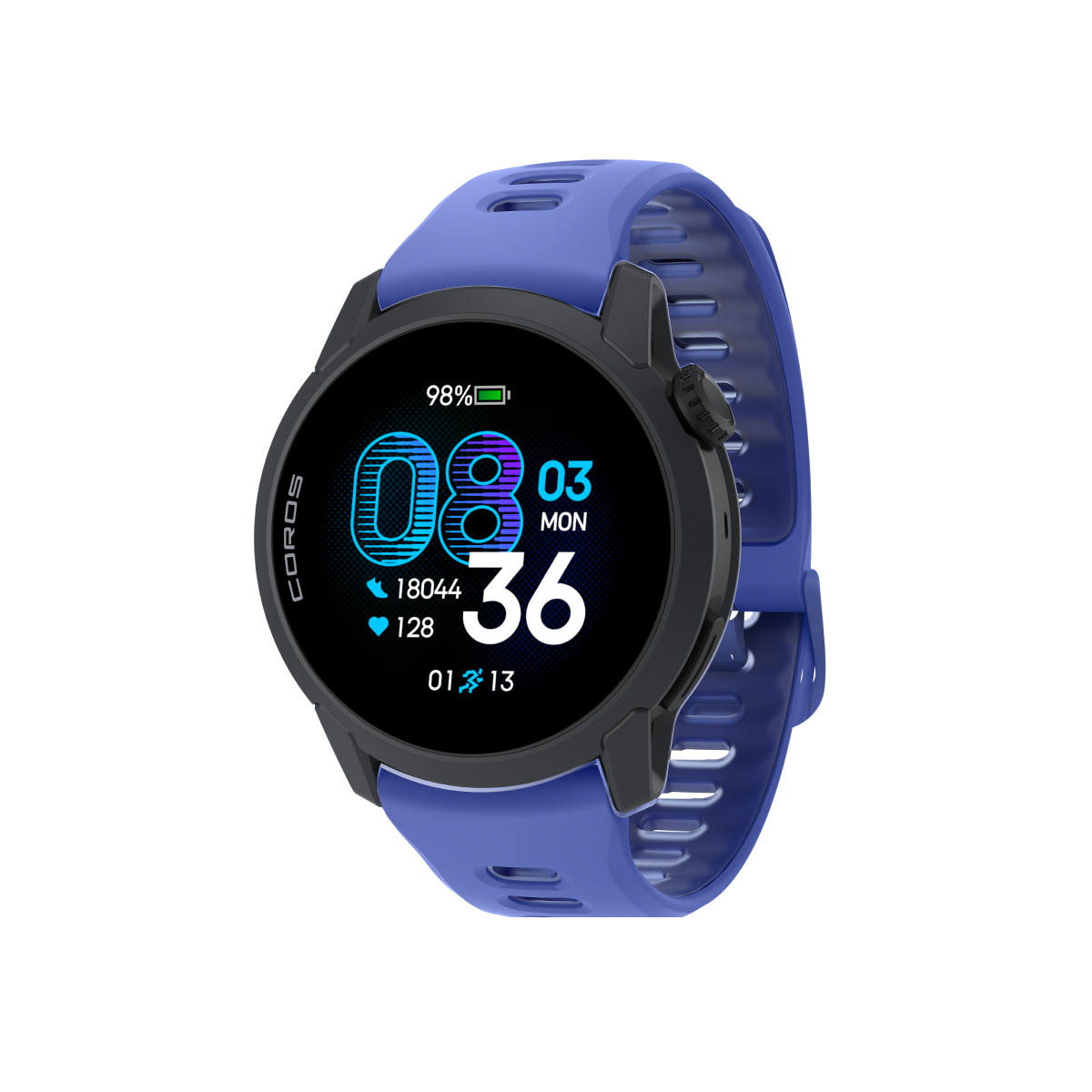 Front three-quarter view of COROS PACE 4 custom combination black ultraviolet silicone