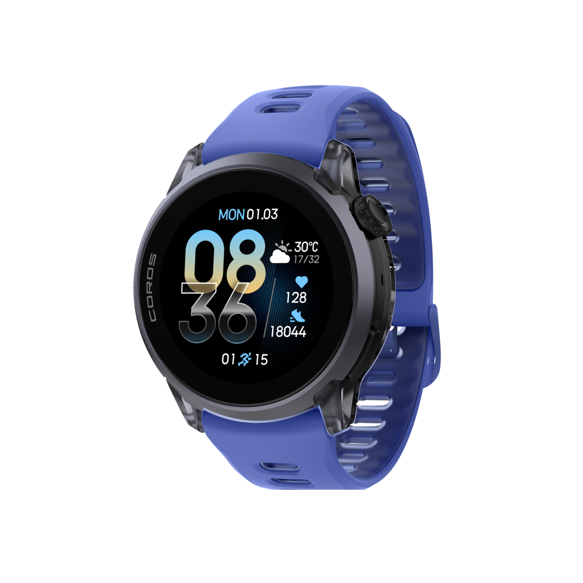 Front three-quarter view of COROS PACE 4 custom combination blackcrystal ultraviolet silicone