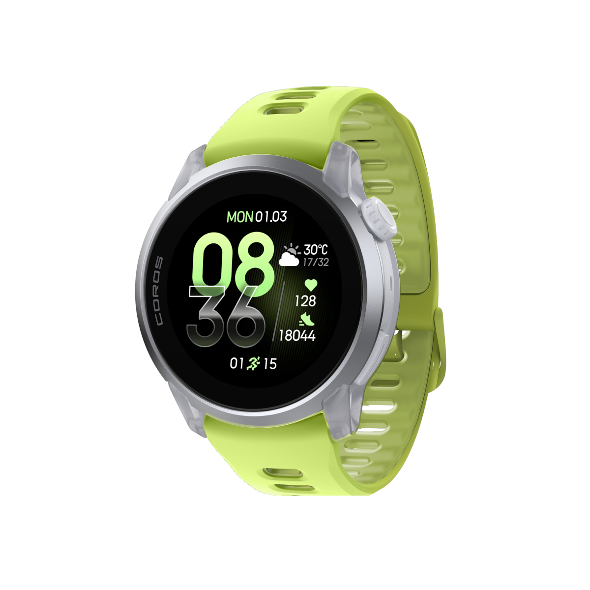 Front three-quarter view of COROS PACE 4 custom combination cloudwhite neonyellow silicone