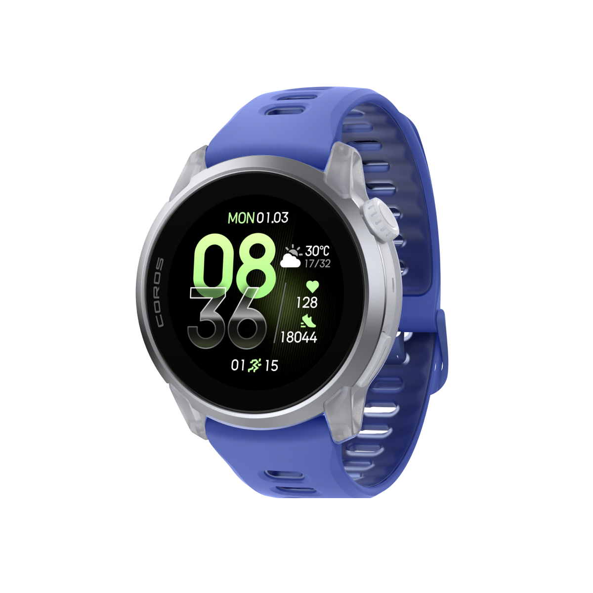 Front three-quarter view of COROS PACE 4 custom combination cloudwhite ultraviolet silicone