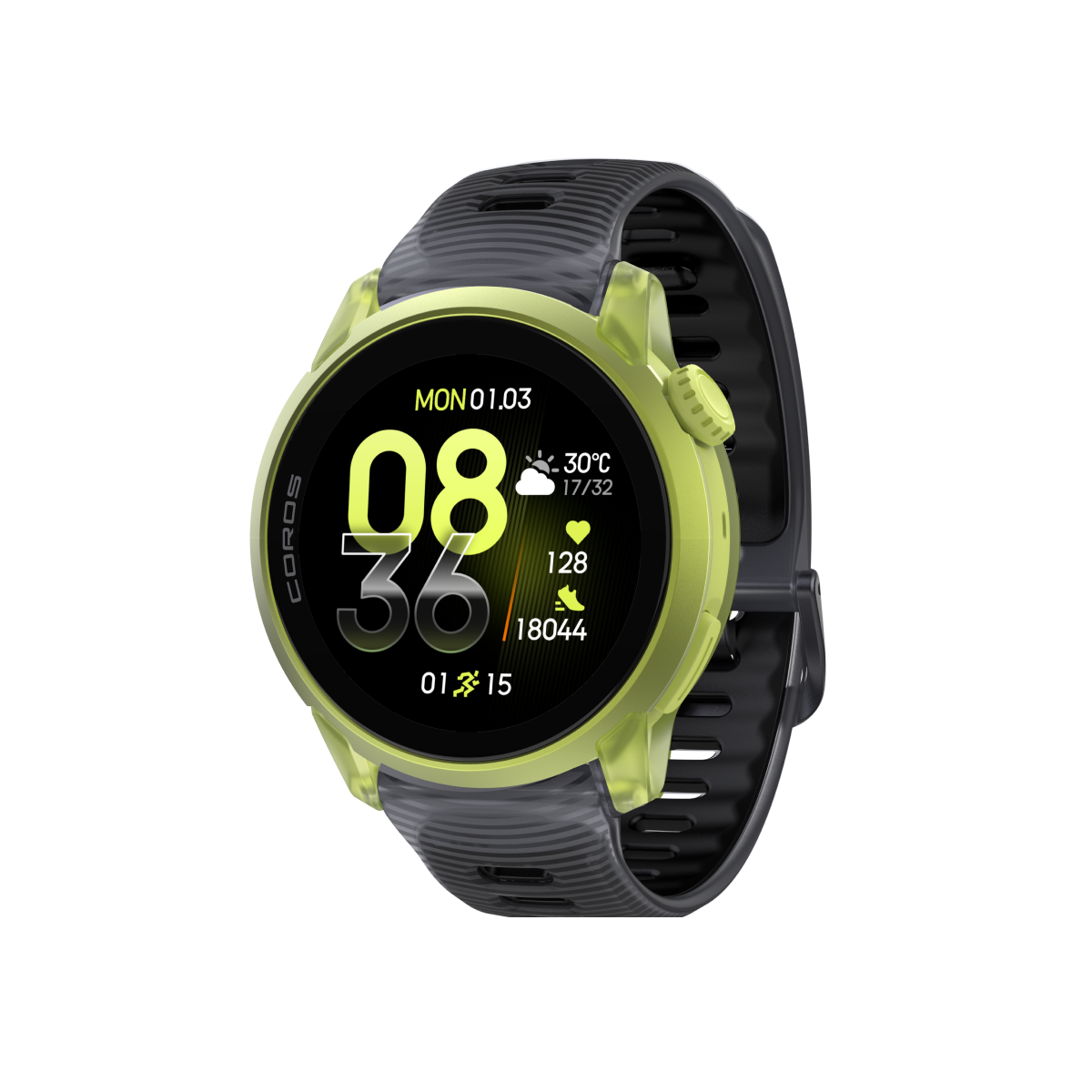 Front three-quarter view of COROS PACE 4 custom combination neonyellow blackcrystal silicone