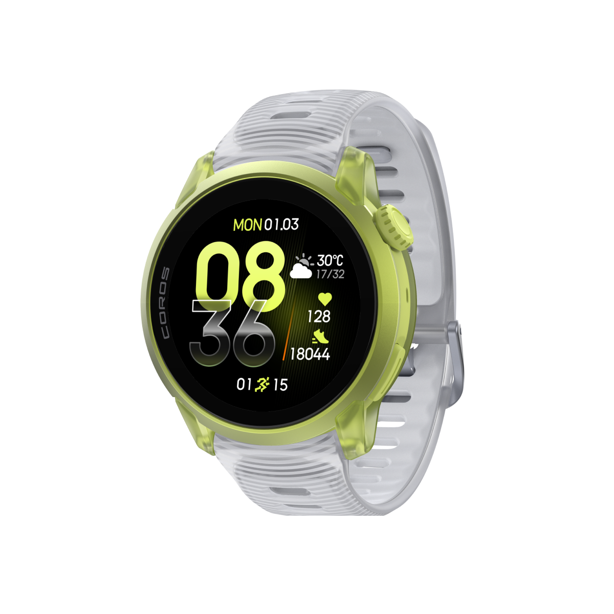 Front three-quarter view of COROS PACE 4 custom combination neonyellow cloudwhite silicone