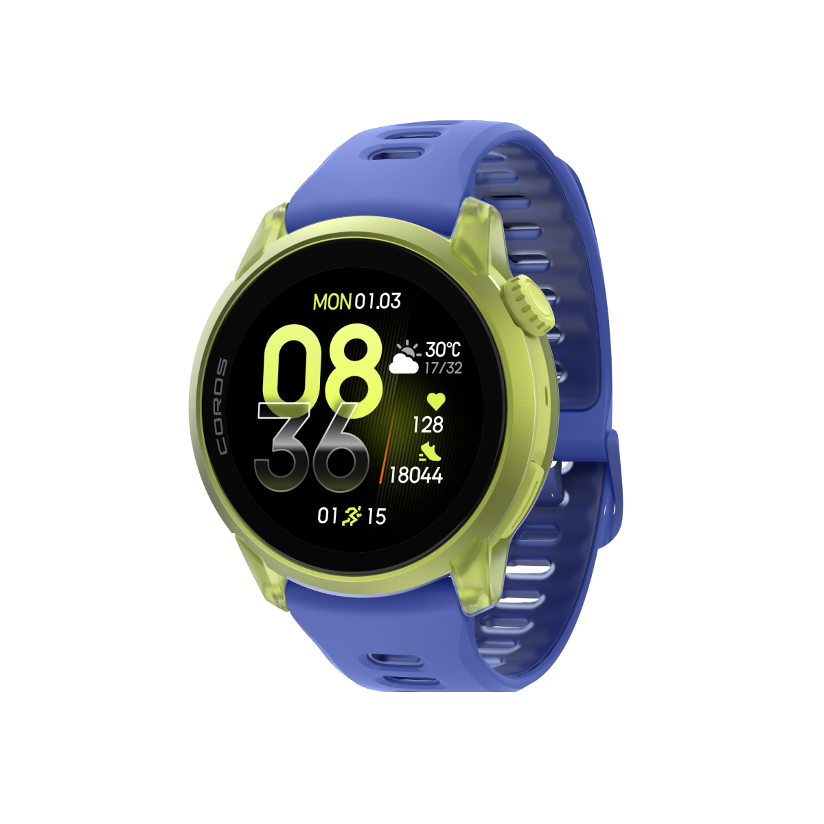Front three-quarter view of COROS PACE 4 custom combination neonyellow ultraviolet silicone