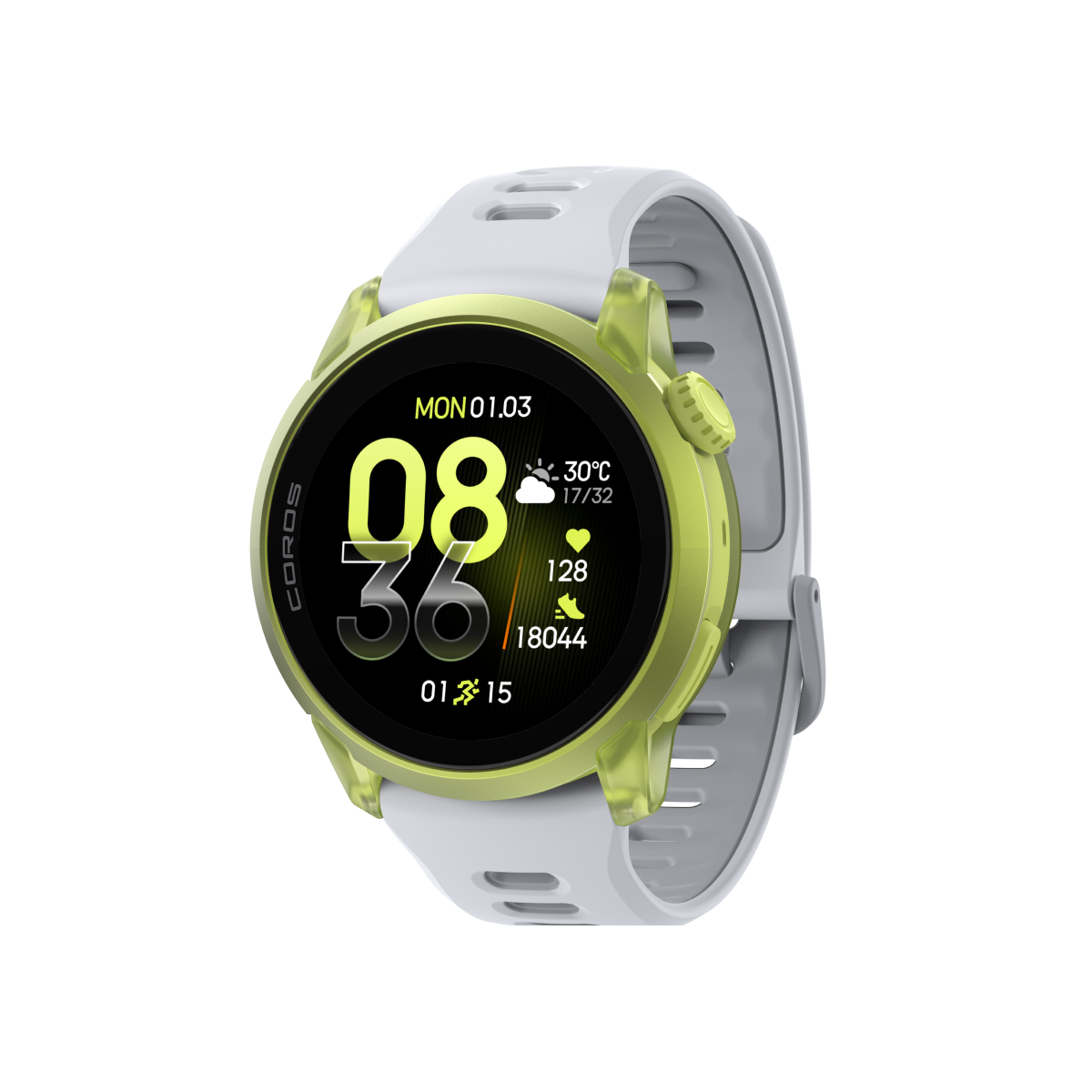 Front three-quarter view of COROS PACE 4 custom combination neonyellow white silicone