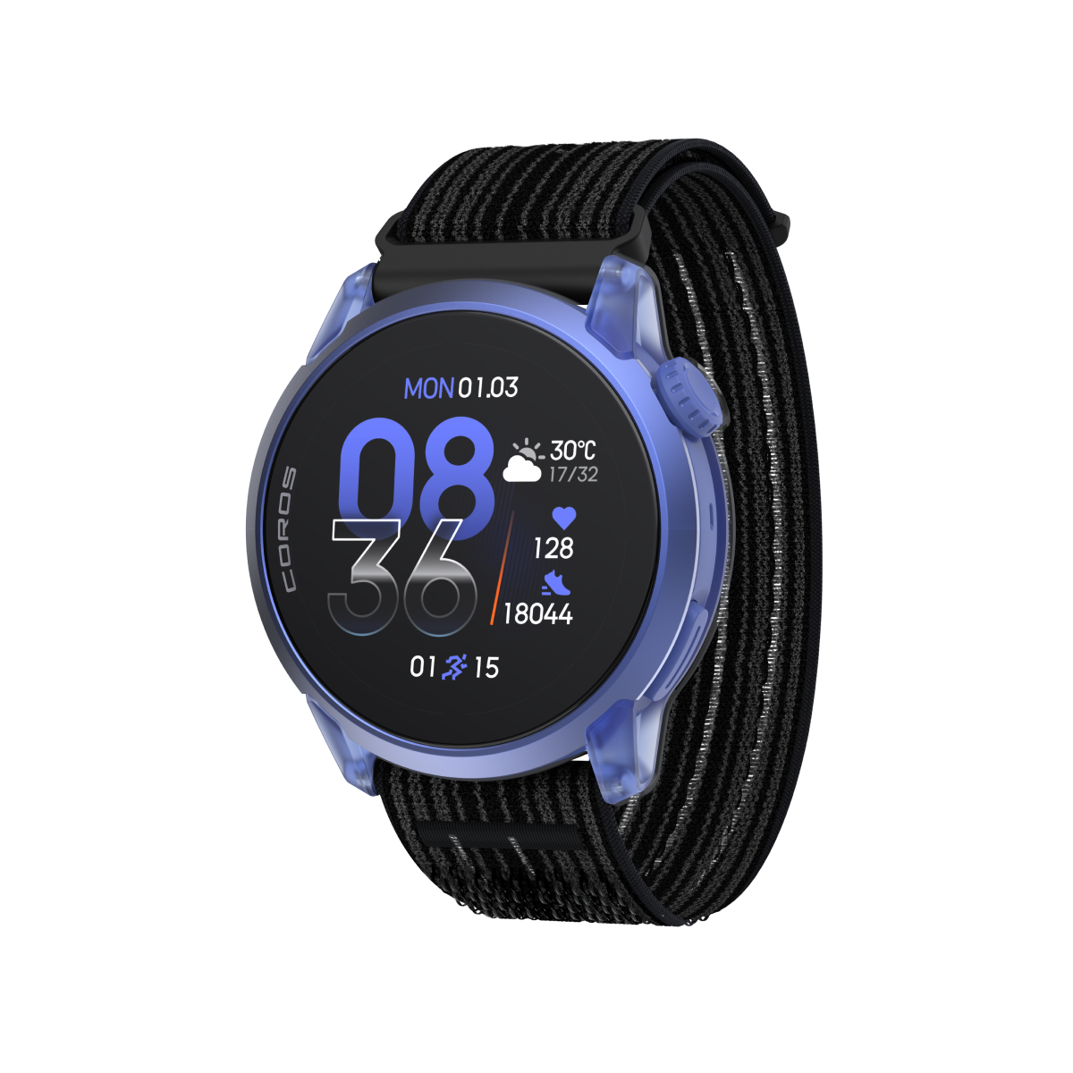 Front three-quarter view of COROS PACE 4 custom combination ultraviolet black nylon