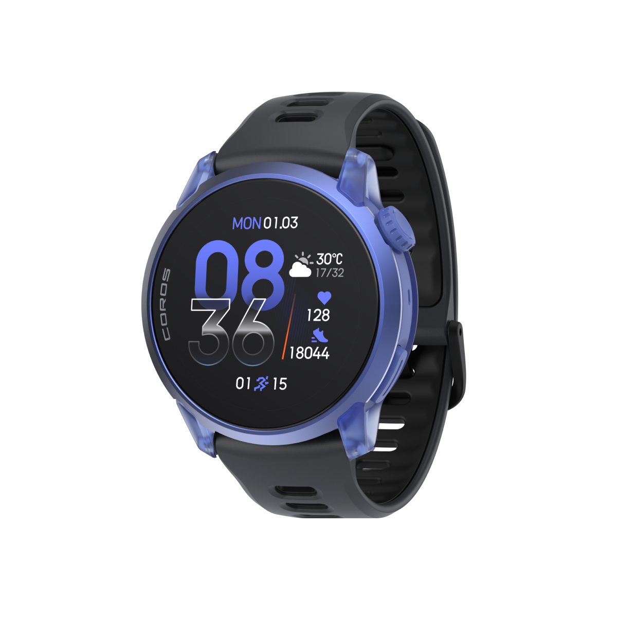 Front three-quarter view of COROS PACE 4 custom combination ultraviolet black silicone