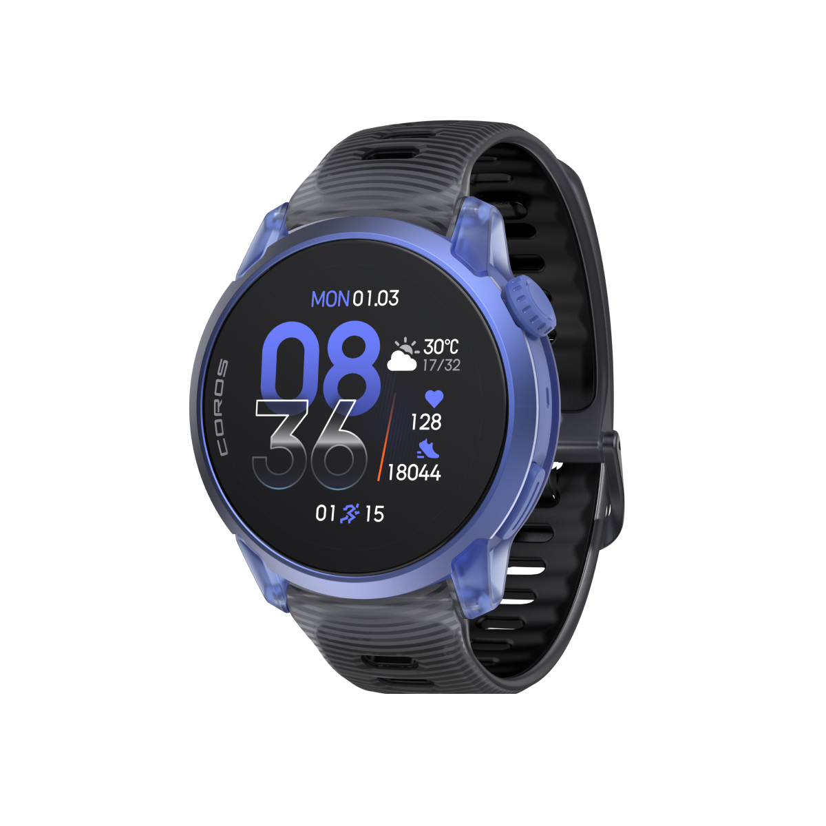 Front three-quarter view of COROS PACE 4 custom combination ultraviolet blackcrystal silicone