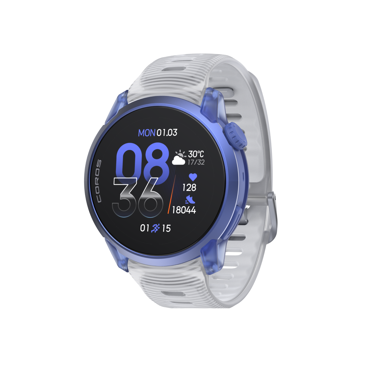 Front three-quarter view of COROS PACE 4 custom combination ultraviolet cloudwhite silicone