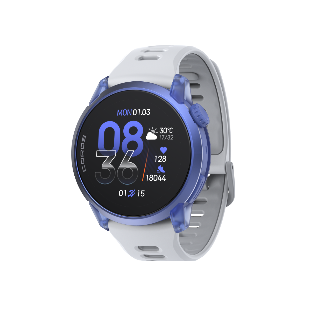Front three-quarter view of COROS PACE 4 custom combination ultraviolet white silicone