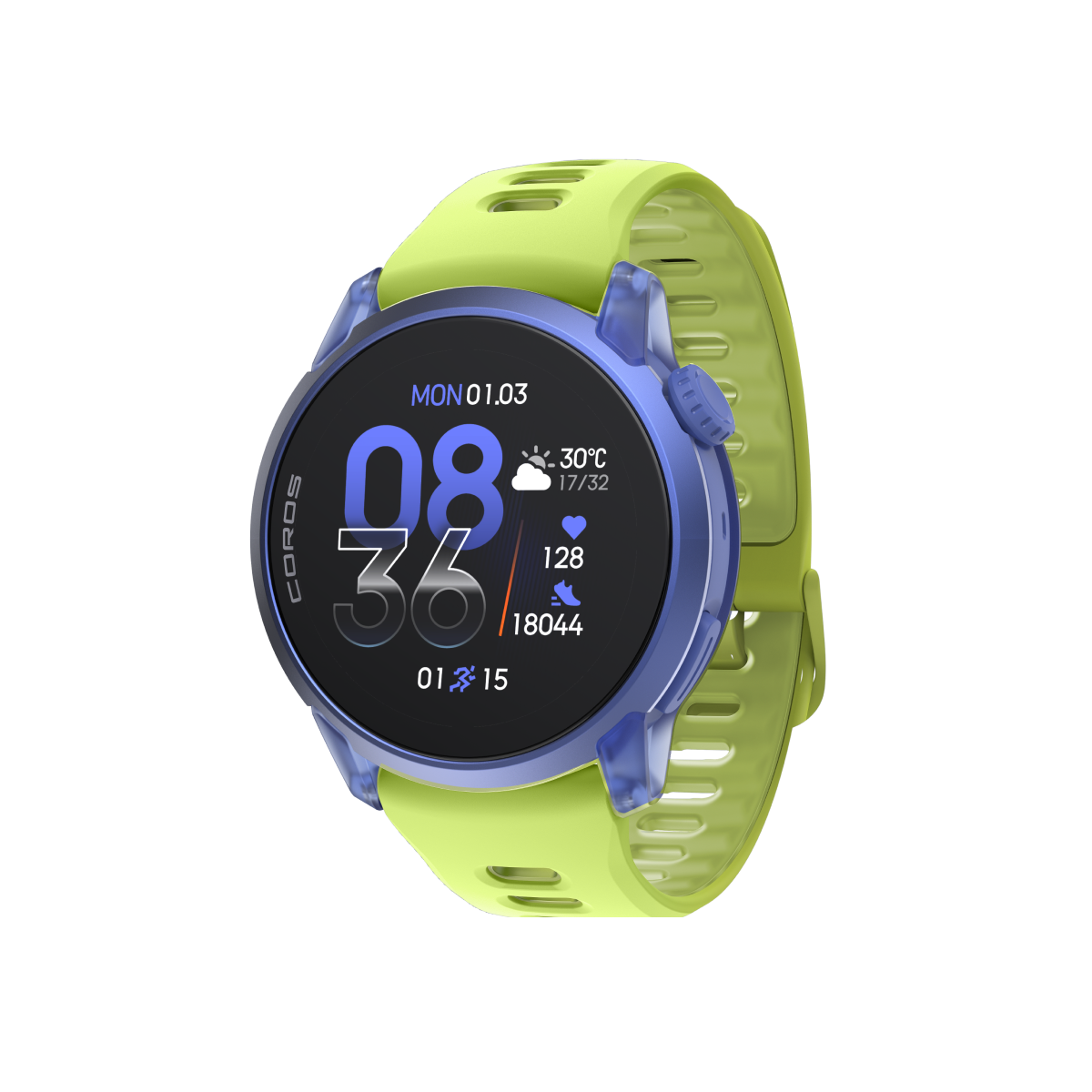 Front three-quarter view of COROS PACE 4 custom combination ultraviolet yellow silicone