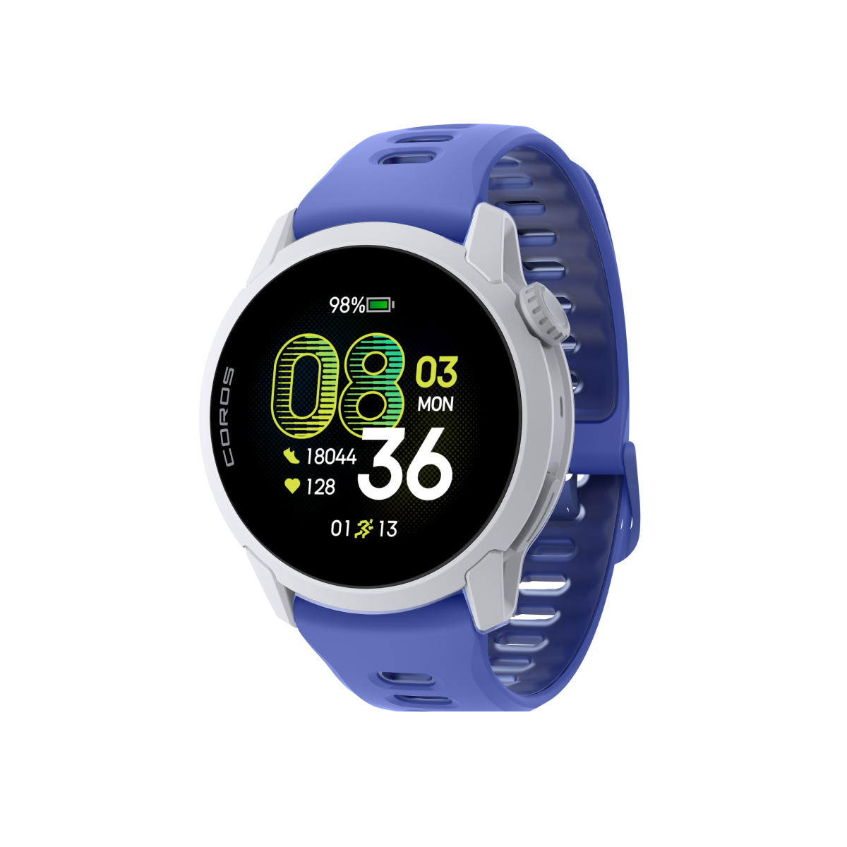Front three-quarter view of COROS PACE 4 custom combination white ultraviolet silicone