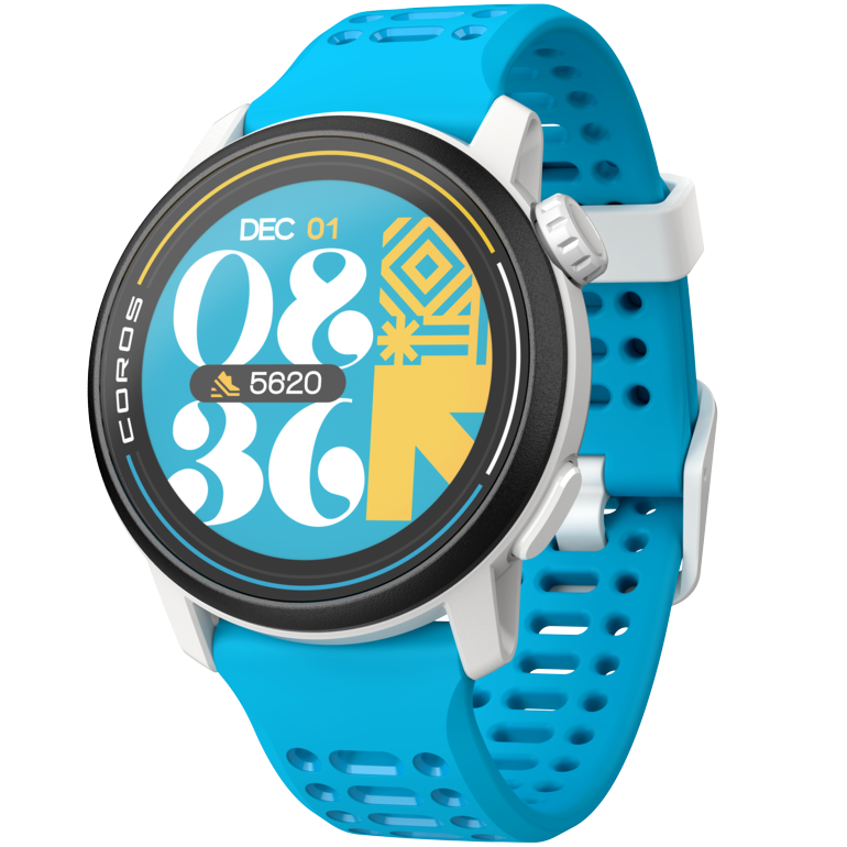 Front view of the PACE 3 Valencia Edition watch facing slightly left with the Valencia silicone band.