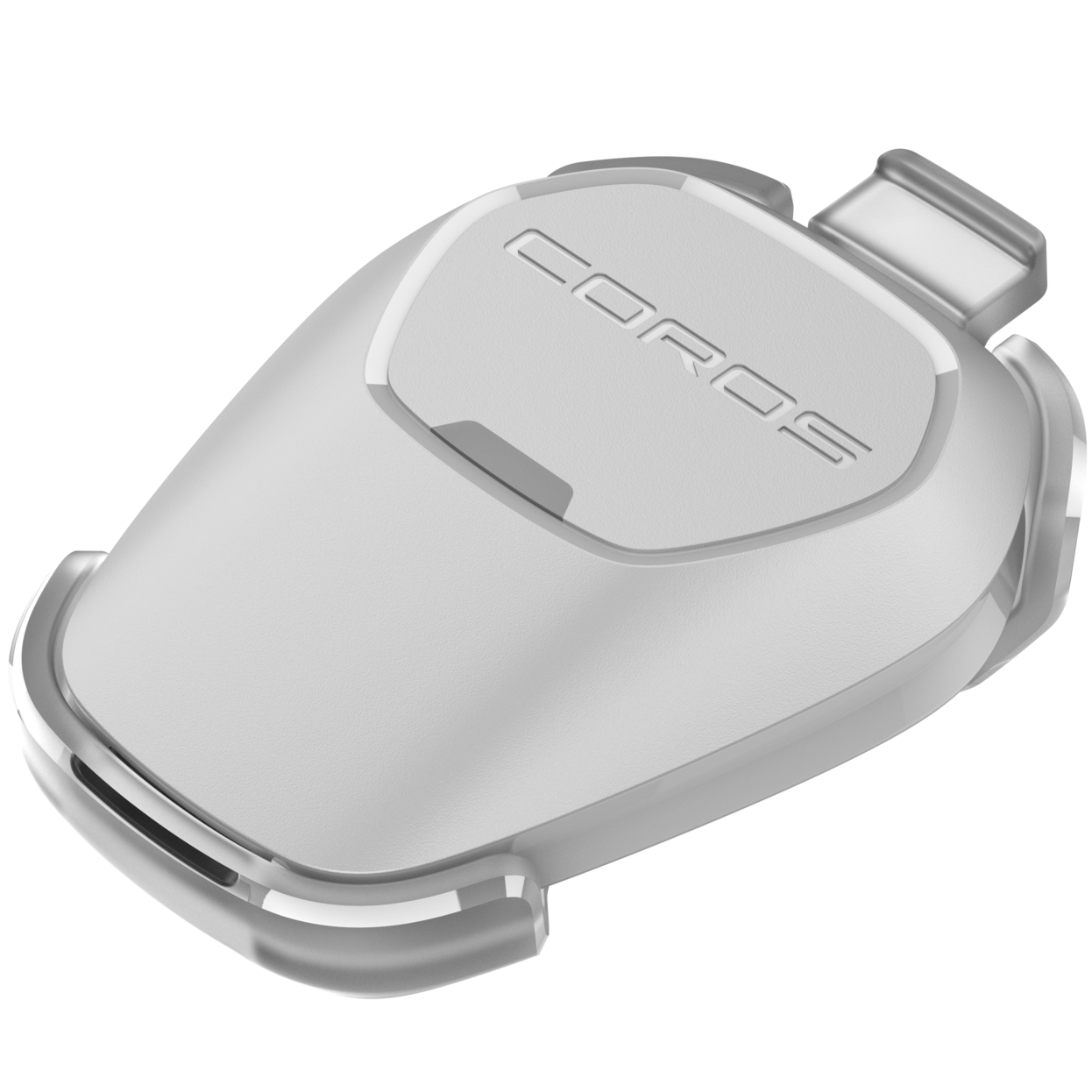 Close up view of the POD 2 facing left and laying flat with the shoe clip on.