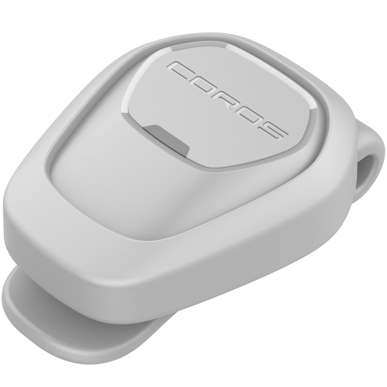 Close up view of the POD 2 facing left and laying flat with the waistband clip on.