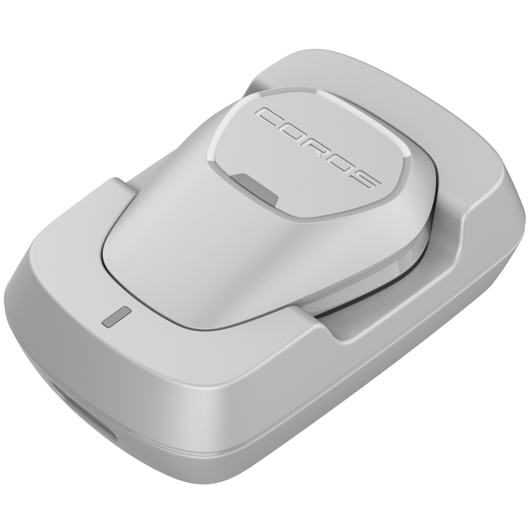 Close up view of the POD 2 facing left and laying flat on the charging dock.
