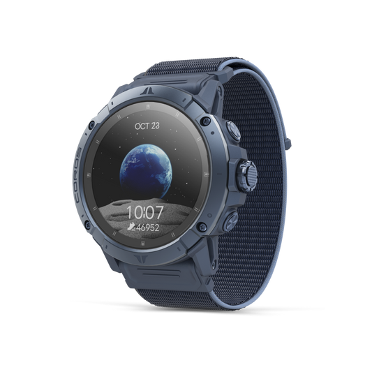 Front view of the VERTIX 2S Earth watch facing slightly left with the Earth nylon band.