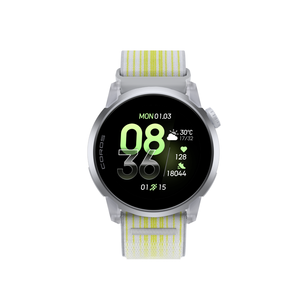 Front view of COROS PACE 4 cloud white watch body with white nylon band