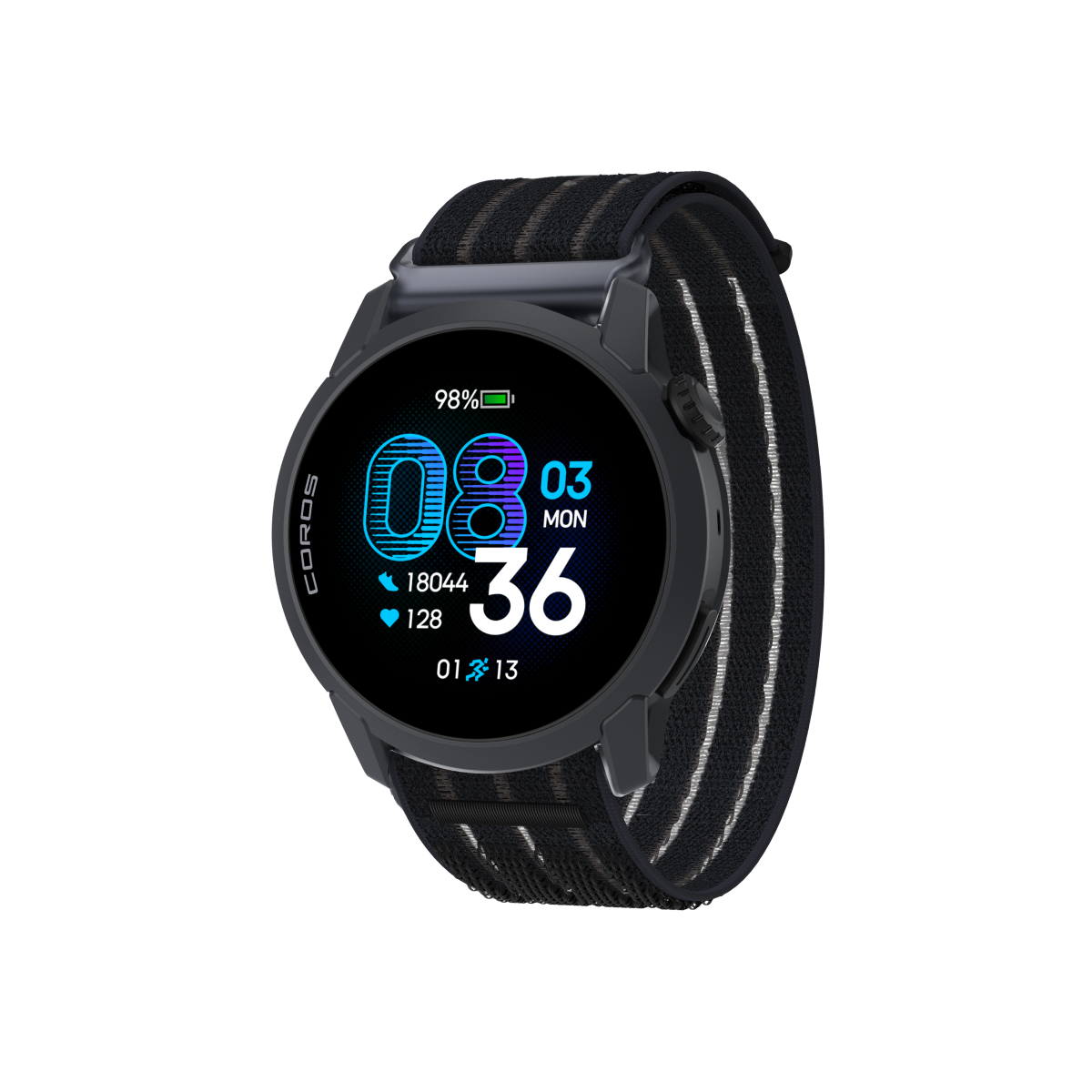 Front three-quarter view of the COROS PACE 4 Black Watch with a Black Crystal Nylon Band