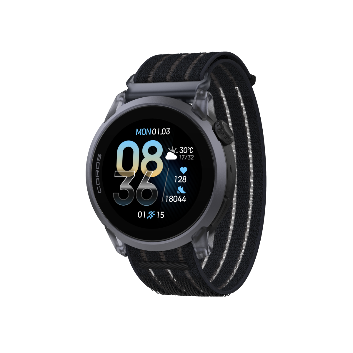 Front three-quarter view of the COROS PACE 4 Black Crystal Watch with a Black Crystal Nylon Band