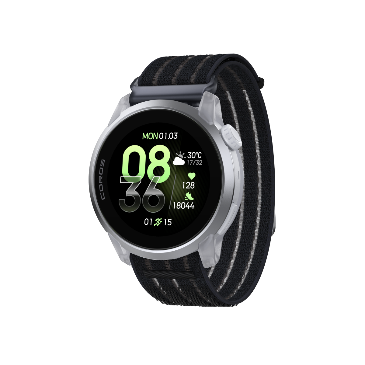 Front three-quarter view of the COROS PACE 4 Cloud White Watch with a Black Crystal Nylon Band