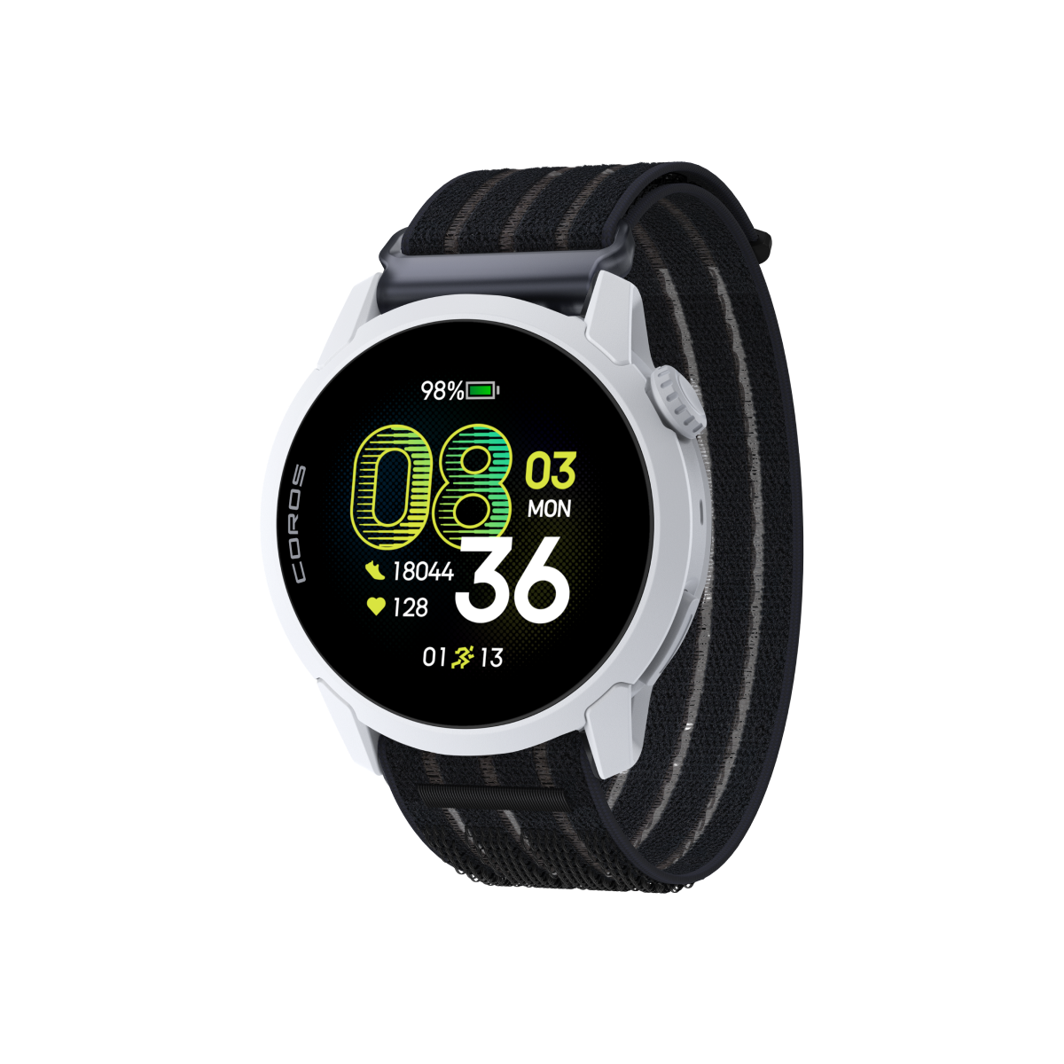 Front three-quarter view of the COROS PACE 4 White Watch with a Black Crystal Nylon Band