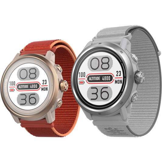 Side-by-side front view of the APEX 2 Coral watch and APEX 2 Pro Grey watch facing slightly left.